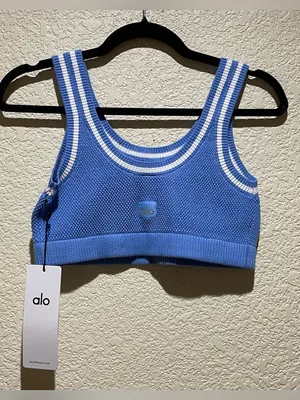 ALO Yoga NWT Tennis Club Sweater Knit Bra Crystal Clear Blue White Size M thumbnail 6
