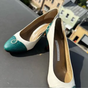 Vintage Perry Ellis Green White Leather Heels Size 7 Pointed Toe Retro Western thumbnail 8