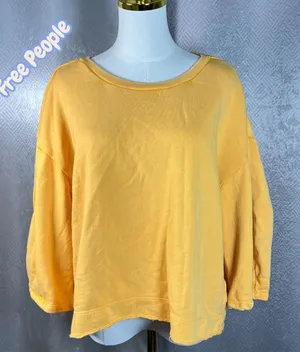 Free People Anthropologie Marigold Yellow Puff Sleeve Cotton Sweatshirt Large thumbnail 1