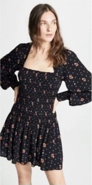 Free people two faces black smock drop waist long puff sleeve min dress thumbnail 1