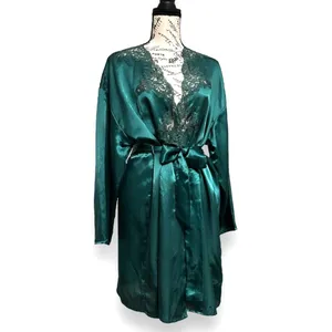 Victorias Secret Vintage Emerald Satin Lace Kimono‎ Robe Gold Label Old Money thumbnail 3