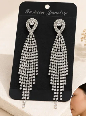 Silver Rhinestone Tassel Chandelier Dangle Earrings Glam Statement formal thumbnail 1