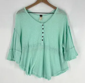 We The Free Sheer Aqua Mint‎ Green Linen Blend Relaxed Fit Dolman Henley Top thumbnail 1