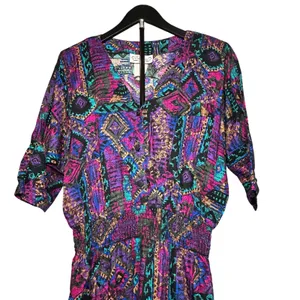 VTG En Focus Geometric Jumpsuit Purple L Rayon Southwestern Boho 90s USA Made thumbnail 10
