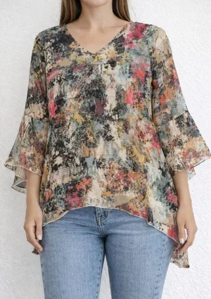 Dor Dor Couture Multicolor Abstract Sheer Mesh Hankerchief Hem Long Bell SleeveM thumbnail 1