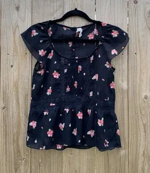 Abercrombie & Fitch Fluttery Floral Airy Short Sleeve Blouse Shirt Xs‎ Navy thumbnail 1