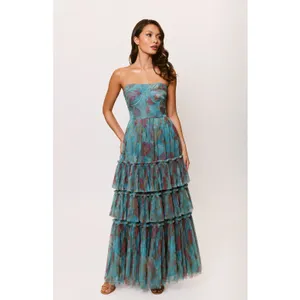 Hutch Isabella Gown Sz 2 NWT Romantic Vining Painted Floral Tulle Blue/Copper thumbnail 4