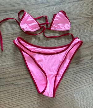 Frankie's Bikinis Pink with Red Trim Triangle Bikini Set thumbnail 1