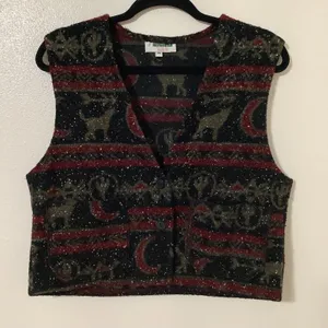 Vintage Retro Western Cowgirl Cowboy Southwestern Black Wolf Cropped Vest Medium thumbnail 1