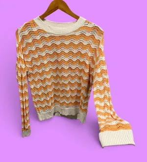 Cute Loft orange creamsicle chevron scallop open knit eyelet sweater crochet thumbnail 1