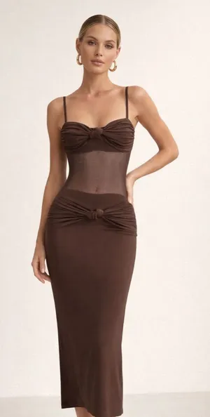 Commense Chocolate Brown Twist-Front Midi Dress. Size-Large Soft Sexy thumbnail 1