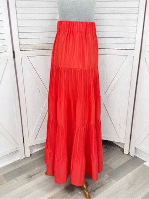 Outback Red Tiered Pleated Maxi Skirt Coral Orange Red XS Flowy Boho Tomato Girl thumbnail 3