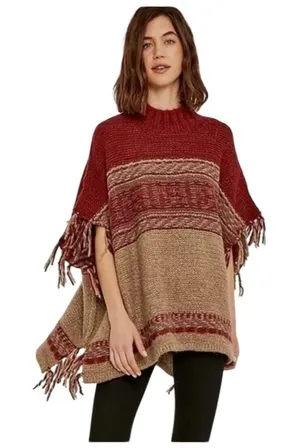 Free‎ People Poncho Sweater Womens M/L Red Tan Fair Isle Fringe Mock Neck Boho thumbnail 1