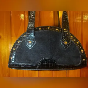 Deborah Lewis Studio Faux leather studded crescent shoulder bag suede panel Y2K thumbnail 8