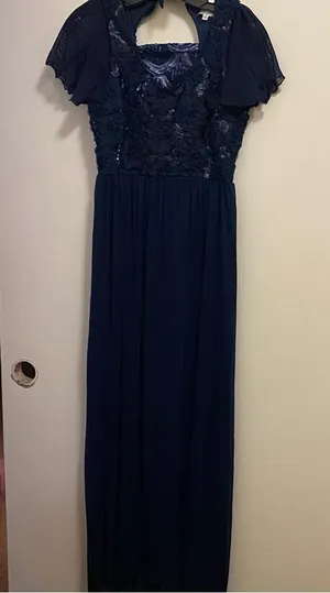 Emerald Sundae Womens Formal Maxi Dress S 32” Navy Blue Lace Sequin Top Pleated thumbnail 1