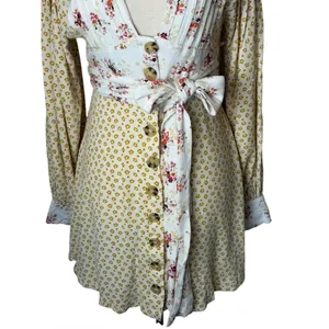 Free People‎ Wonderland Floral Mini Dress Women XS Yellow Boho Sash Cottagecore thumbnail 6