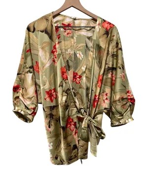 Easel Kimono Wrap Women M Floral Boho Green Pink Robe Tropical Resort Cardigan thumbnail 1
