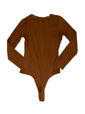 nuuds Long Sleeve Ribbed Crewneck Bodysuit L Brown Cotton Thong Snap thumbnail 2