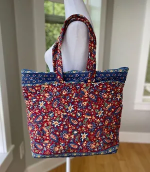 Vintage Handmade Quilted Red Blue Paisley Floral Padded Tote Shoulder Bag thumbnail 3