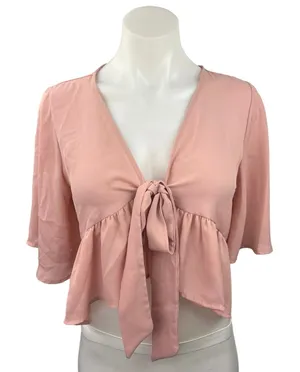 Peach Love Pink Peplum V-neck Tie Front Short Sleeve Crop Top Blouse Size S thumbnail 1