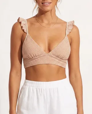 Aerie Tan Gingham Ruffle Triangle Bikini Top Medium Seersucker V-Neck Swim thumbnail 1