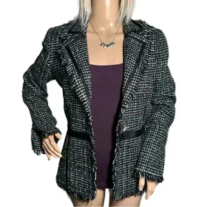 BISOU BISOU Michelle Bohbot Tweed Fringe Black Blazer Jacket Women’s Sz 6 Small thumbnail 5