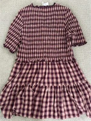 AE Puff Sleeve Tie Front Plaid Mini Dress American Eagle Pink NWT Burgundy XXL thumbnail 8