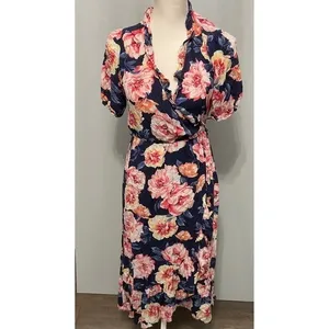 Old Navy Womens Wrap Dress Navy Pink Floral Ruffle Midi Small thumbnail 4