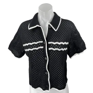 Abercrombie & Fitch Black Crochet Open Knit Short Sleeve Button Up Shirt Top S thumbnail 1