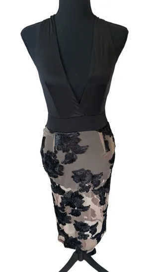 Luxxel Seduced Dress‎ with Halter Top Bodysuit and Sheer Floral Attached Skirt thumbnail 1