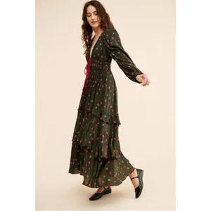 Free People Bohemian Gypsy Tiered Ruffle Maxi Dress Size Medium Witchy Plunge thumbnail 10