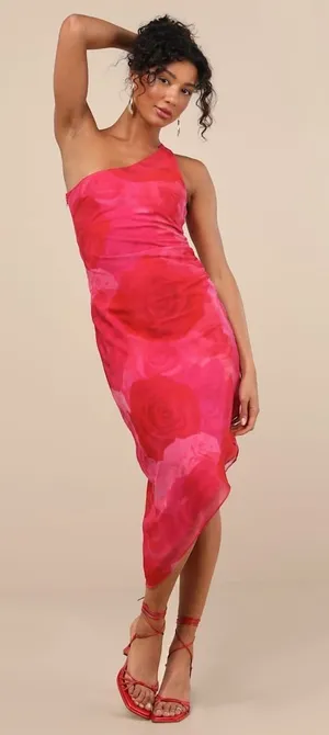 Lulus Pretty Serene Pink Floral One-Shoulder Asymmetrical Midi Dress Medium NWT thumbnail 1
