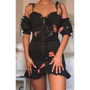 Starlow Senorita Dress Size XS Black Floral Smocked Milkmaid‎ Mini Dark Coquette thumbnail 11