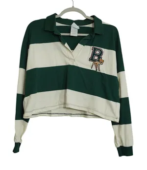 Disney‎ Bambi Cropped Rugby Shirt Womens Large Green White Striped Long Sleeve thumbnail 1