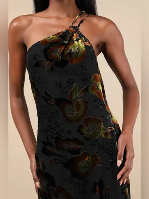 Lulu's Ethereal Entrance Black Velvet Burnout One-Shoulder Maxi Dress thumbnail 4