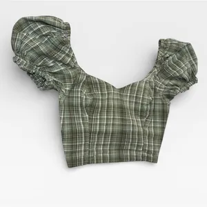 Dizzy Lizzy Green Plaid Milkmaid Corset Puff Sleeve Crop Top Medium thumbnail 6