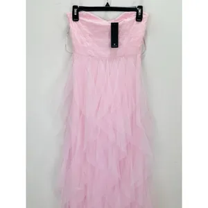 Lulus Delightful Beauty Pink Mesh Strapless Ruched Ruffled Maxi Dress Small NWT thumbnail 7