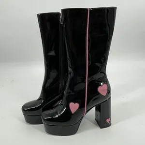 Dolls Kill La‎ Moda Platform Black Patent Leather Pink Heart Chunky Boots Sz 9 thumbnail 2