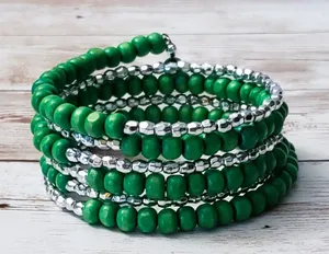 Vintage Wrap Bracelet / Bangle Green & Silver Tone thumbnail 1