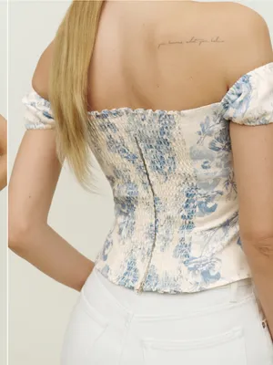 Reformation Eden Off-Shoulder Top in Cream and Blue Floral thumbnail 3