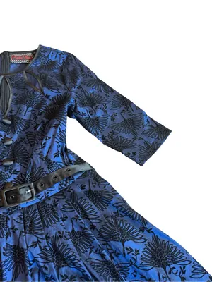 Voodoo Vixen Blue Black Bird Print Belted Fit Flare Midi Dress Medium Women's thumbnail 5