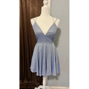 Windsor Light Blue Glitter Skater Dress Siz S V-Neck Lace Up Back Mini Prom Glam thumbnail 5