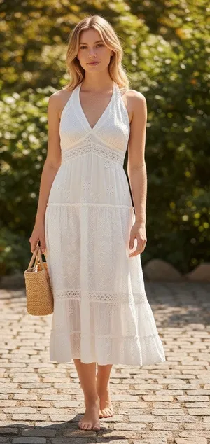Sangria White Midi Dress Y2K Eyelet Baby Doll Halter Side Zip Cotton Size 8 FLAW thumbnail 1