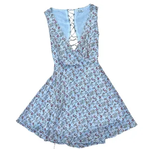 Miss Me Floral Lace-Up Back Skater Mini Dress Blue V-Neck Size M thumbnail 4