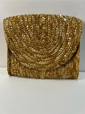 EWC Neutral Gold Raffia Woven Straw Envelope Clutch Boho Vacation Purse thumbnail 2