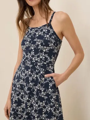 PACT Organic Cotton Fit Flare Midi Dress Size Large Navy Floral Shelf Bra Knit thumbnail 5