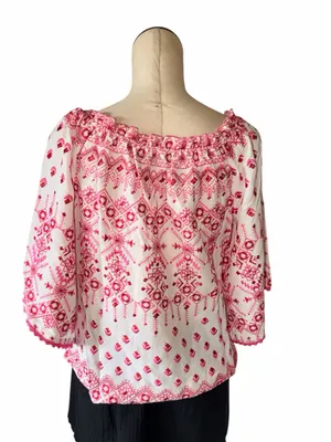 Hale Bob XS White Pink Embroidered Boho Top Blouse NWT Oversized thumbnail 4