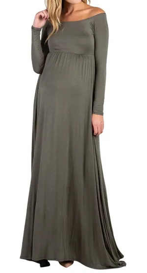 PinkBlush Solid Off Shoulder Maternity Maxi Dress in Olive Green, Size L thumbnail 1