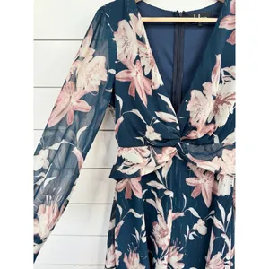 Lulus Mini Dress M Navy Floral Metallic Sheer Long Sleeve Twisted Front V-Neck thumbnail 5