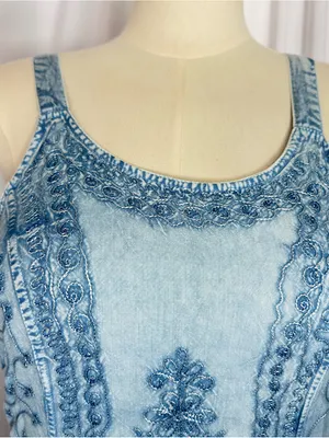 Sopogee Vintage Embroidered Chambray Dress Blue Rayon Sleeveless SizeLarge(1409) thumbnail 7